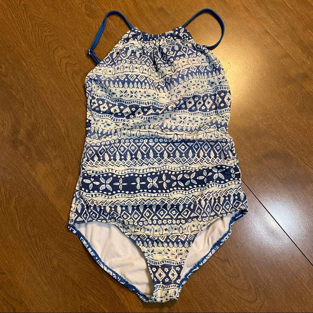 Jantzen Navy and White Patterned High-Neck One-Piece Swimsuit